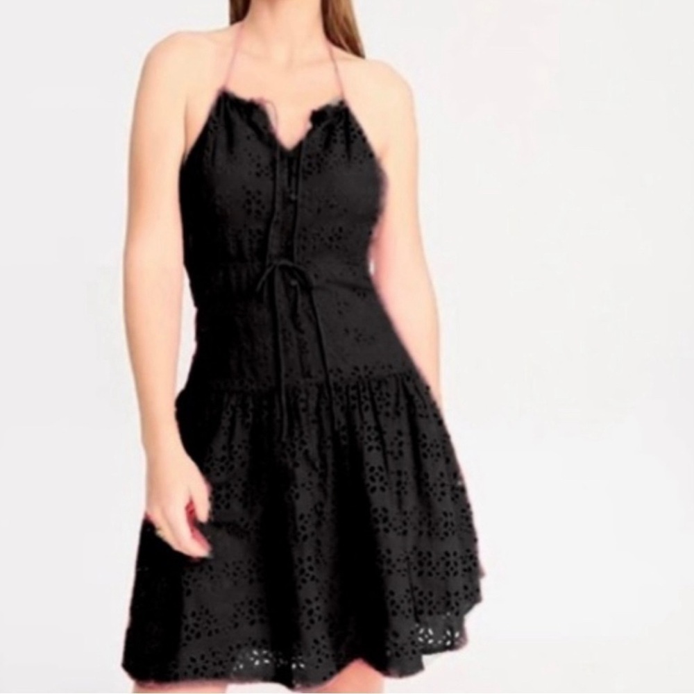 JCrew Black Eyelet Anguilla Mini halter Dress Size 14 summer